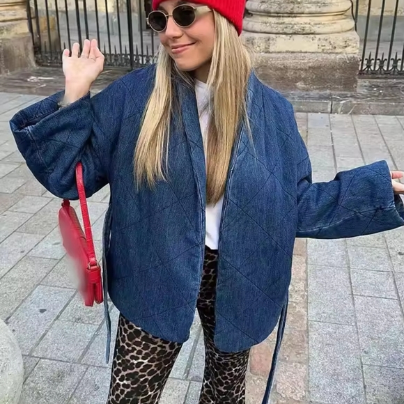 Denim Blue V-Neck Long Sleeve Belt Decorate Cardigan Female Chic Streetwear Styl - Picture 4 of 7